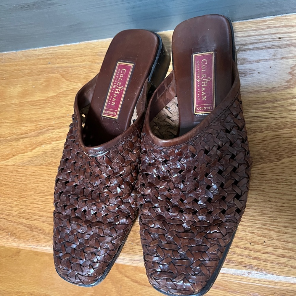 Cole Haan Brown Leather Basket-Weave Clogs